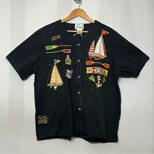 Quacker Factory‎ Top Sailboats Nautical Anchor Flags Lake 1X Button Up Shirt